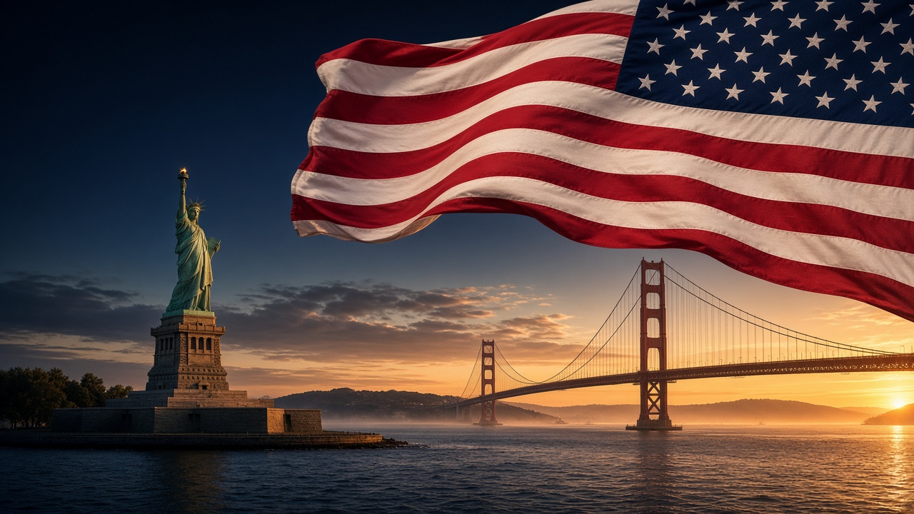 Statue of Liberty, Golden Gate Bridge, and American flag